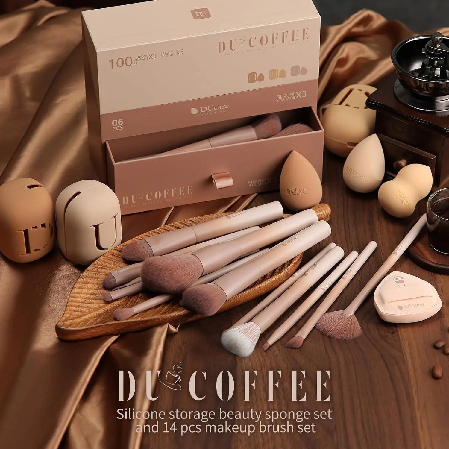 Ducare 14Pcs Coffee Series Makeup Brushes Set with Sponges - Premium Gift for Foundation, Blending, Powder, Blush, Eye Shadows | Buy Now with Express International Delivery | GoSupps.com