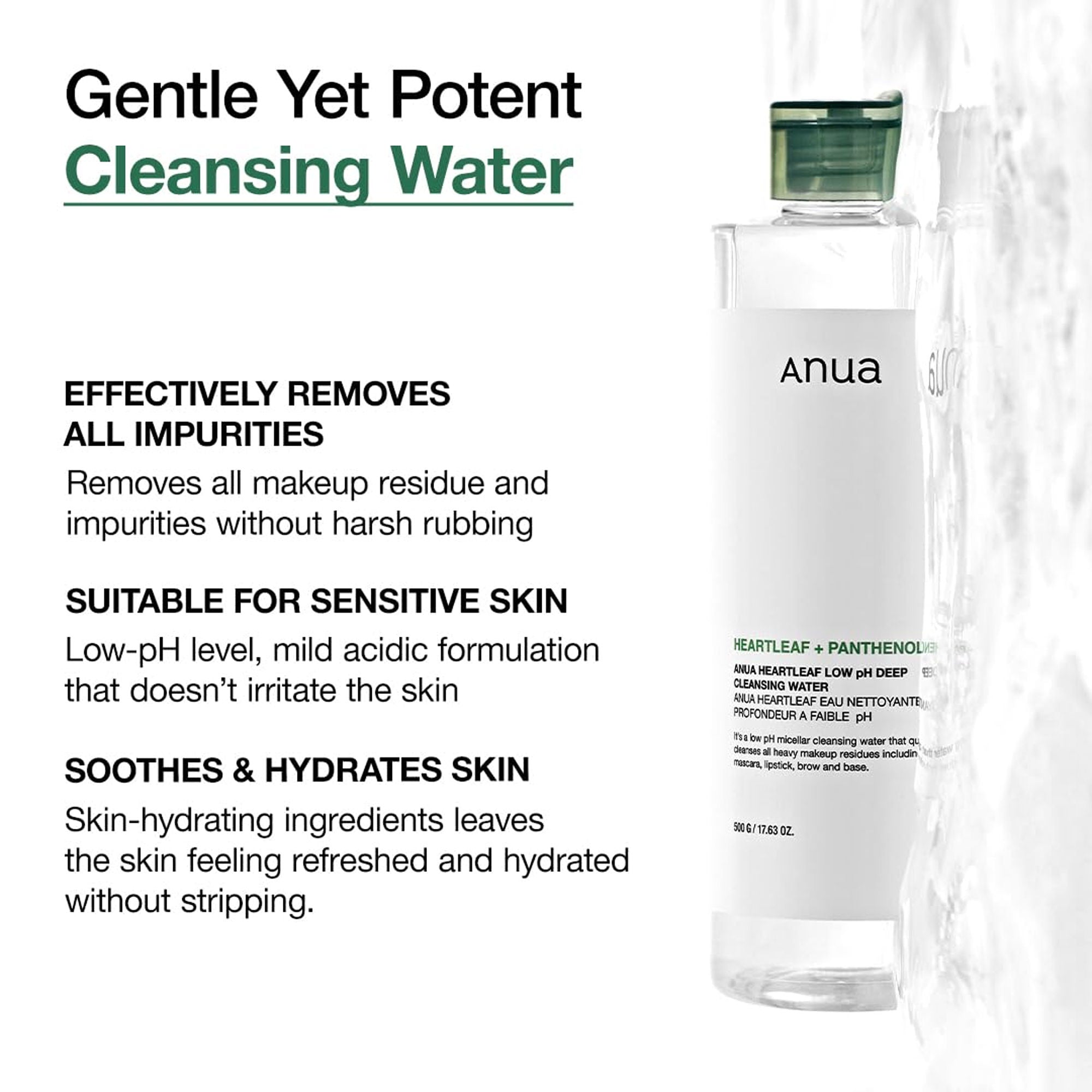 ANUA - Heartleaf+Panthenol,  Heartleaf Low PH Deep Cleansing Water - 500g