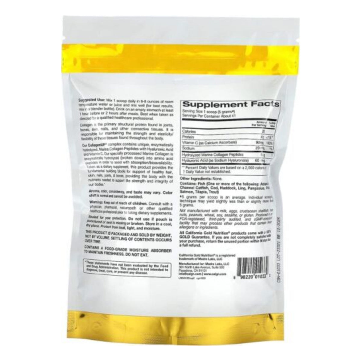 CALIFORNIA GOLD NUTRITION - COLLAGEN UP, Peptides de Collagène Marine à l'Acide Hyaluronique + Vitamine C, Non aromatisés - 206g