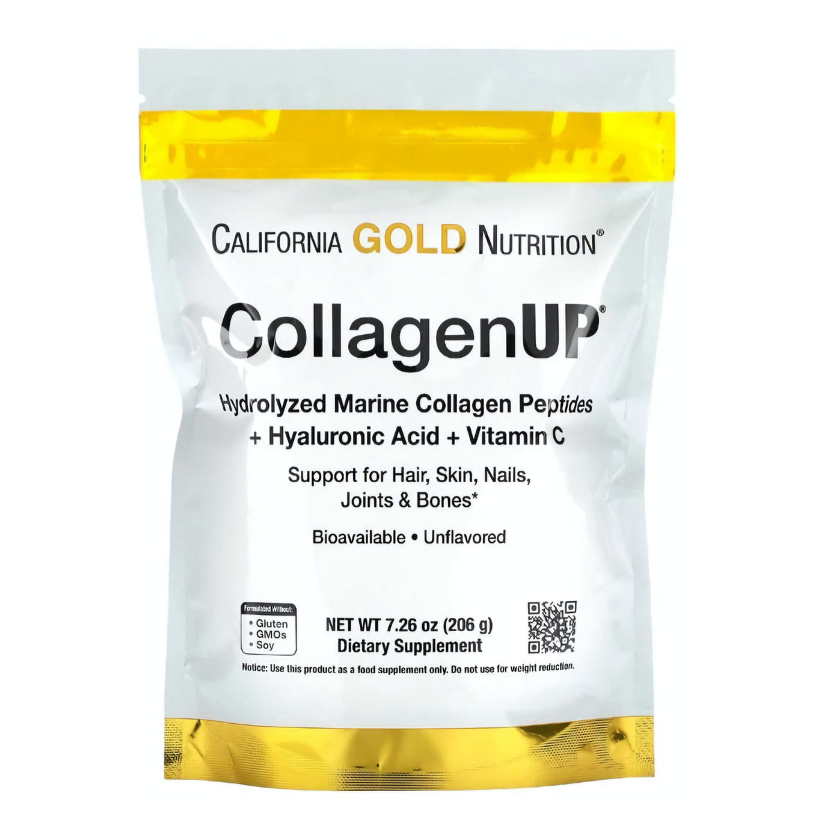 CALIFORNIA GOLD NUTRITION - COLLAGEN UP, Peptides de Collagène Marine à l'Acide Hyaluronique + Vitamine C, Non aromatisés - 206g