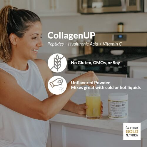 CALIFORNIA GOLD NUTRITION - COLLAGEN UP, Peptides de Collagène Marine à l'Acide Hyaluronique + Vitamine C, Non aromatisés - 206g