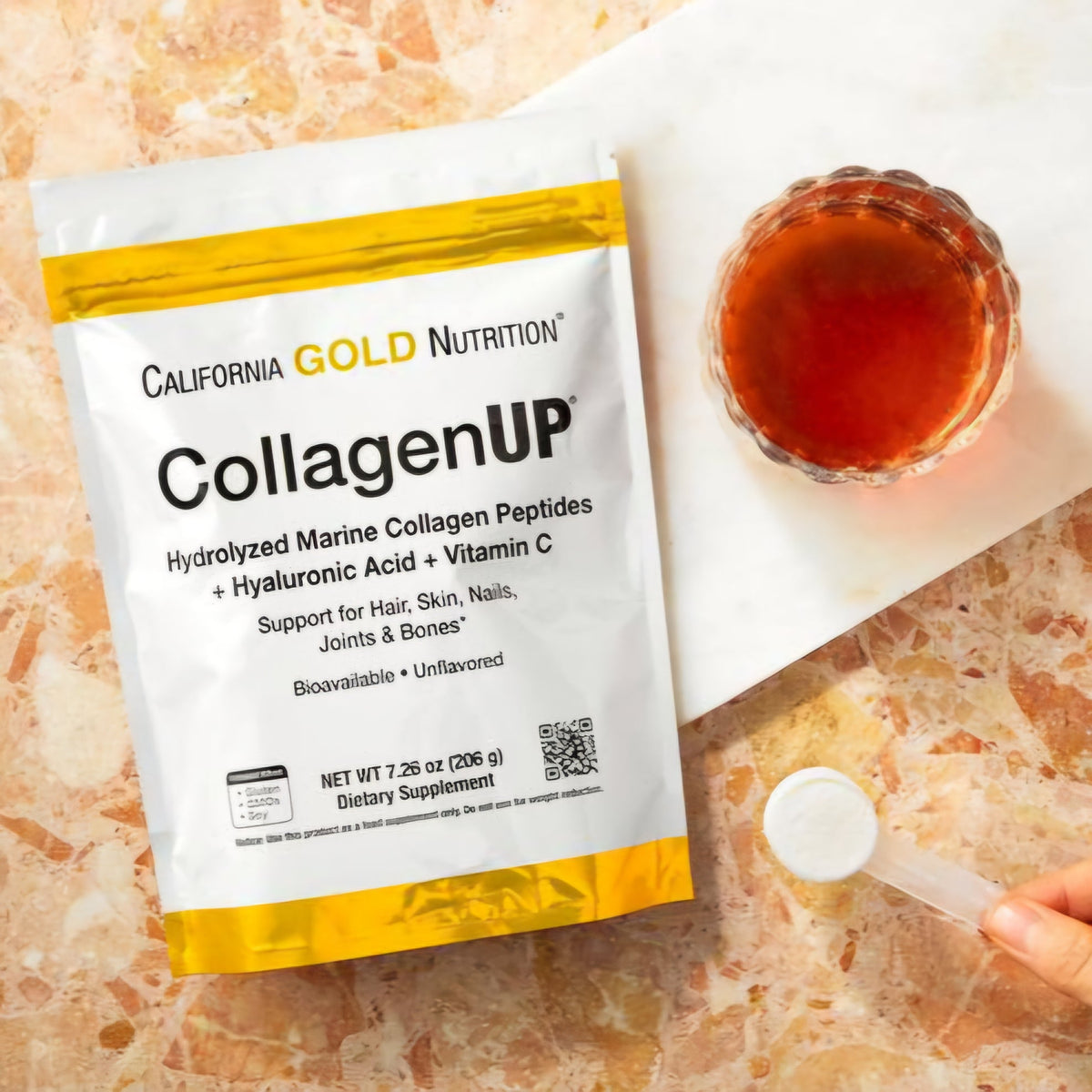 CALIFORNIA GOLD NUTRITION - COLLAGEN UP, Peptides de Collagène Marine à l'Acide Hyaluronique + Vitamine C, Non aromatisés - 206g