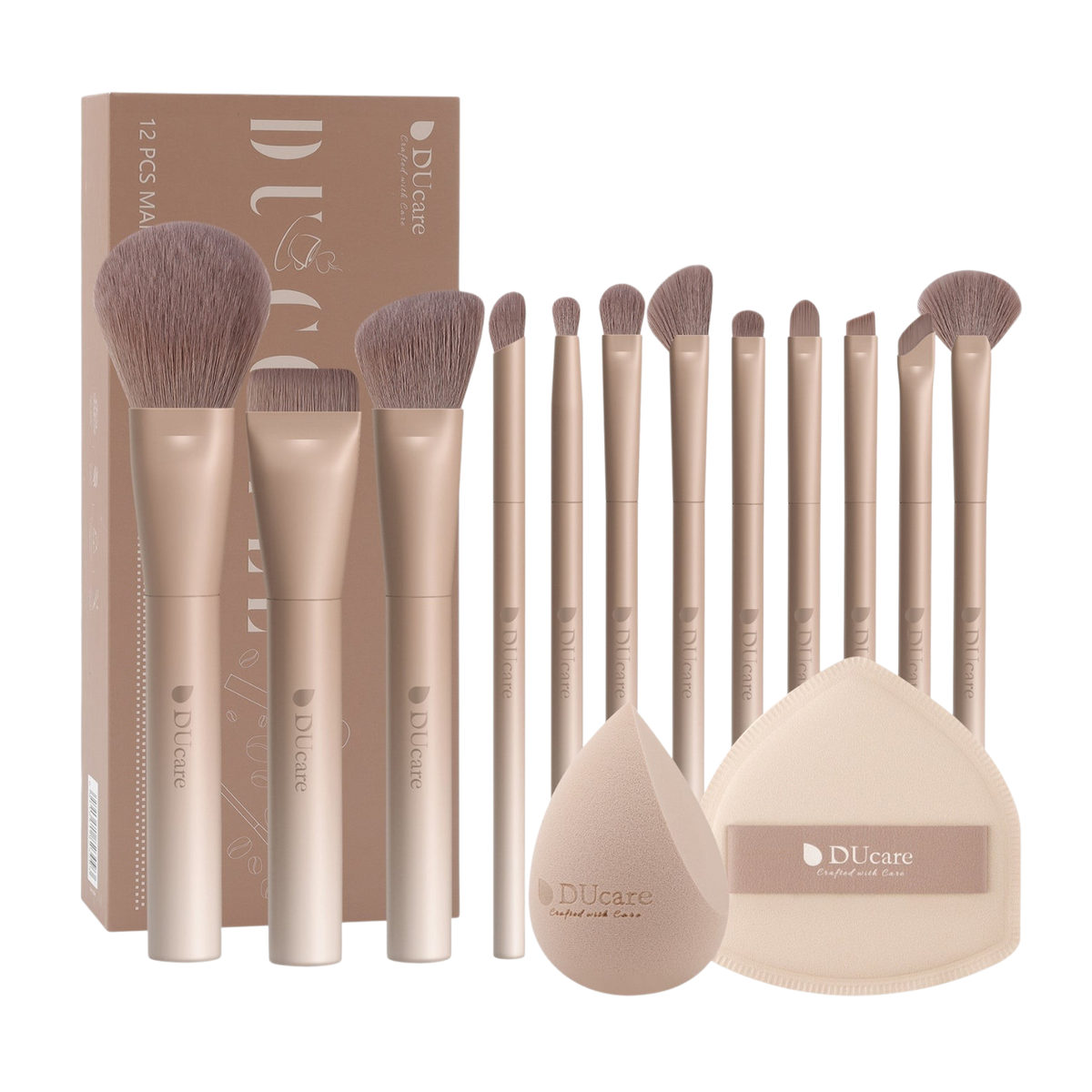DUCARE - Ensemble de 12 pinceaux de maquillage glamour café ultime + Éponge + Houppette + Boîte