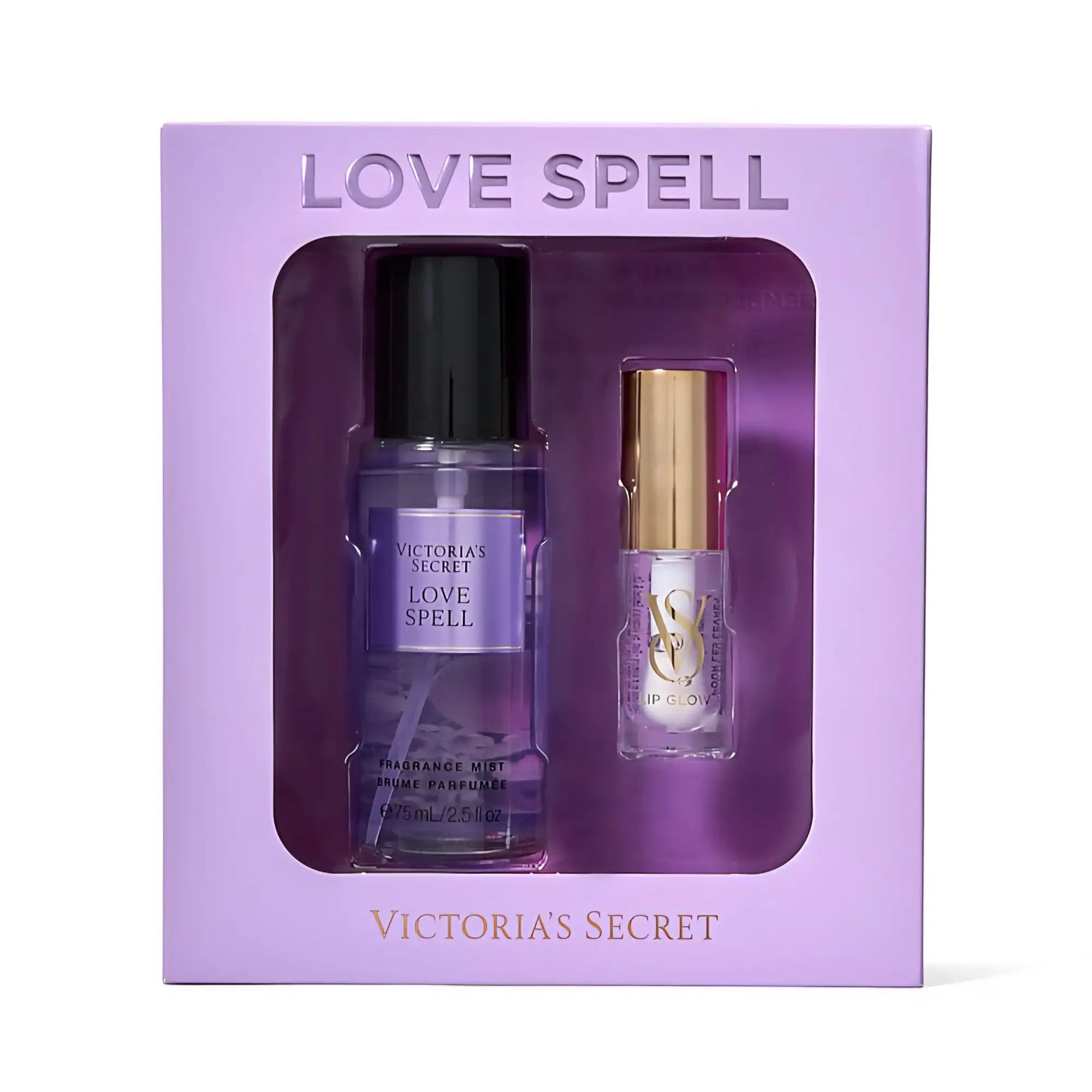 Ensemble de brume parfumée et de gloss pour lèvres à la potion d’amour de Victoria’s Secret, dans un coffret cadeau lavande.