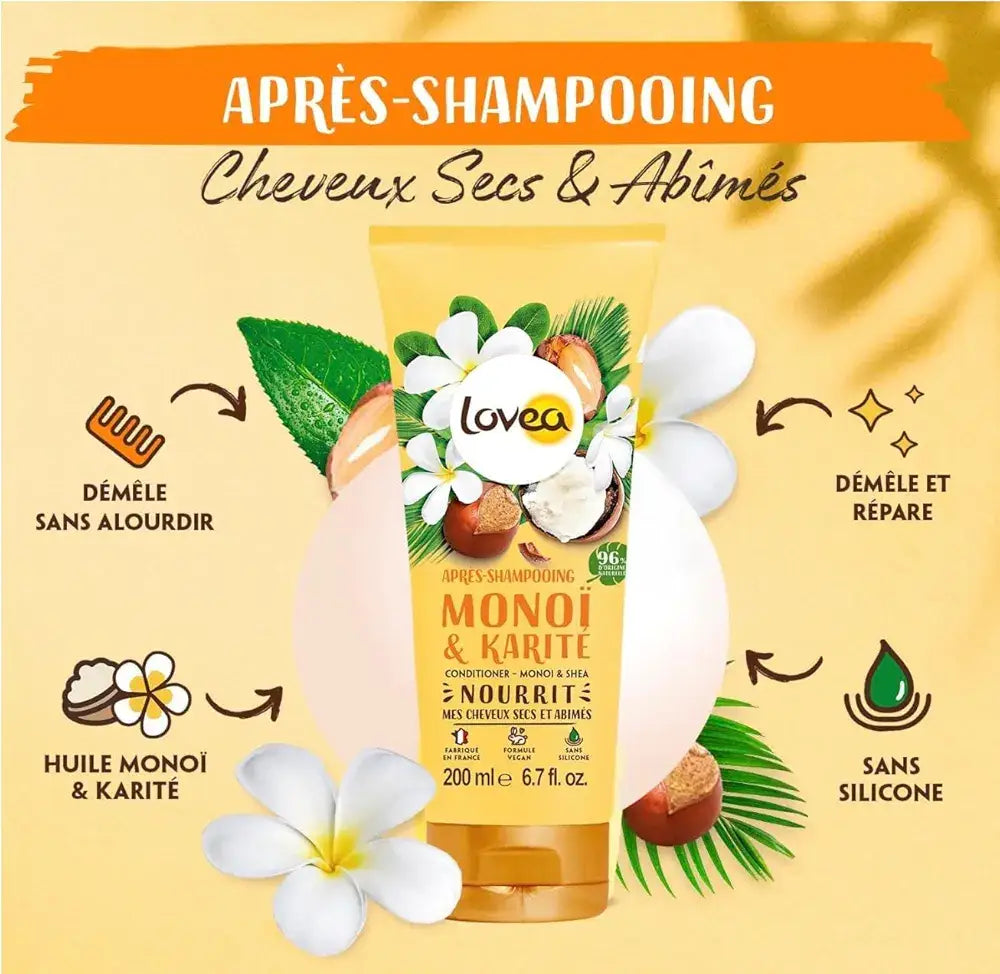 LOVEA - DUO Shampooing + Après Shampooing Monoi Karité & Shea - Cheveux Secs et Abîmés- 200ml primer