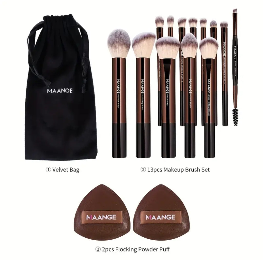 MAANGE - Ensemble de 13 pinceaux de maquillage Premium + Sac + 2 Puff