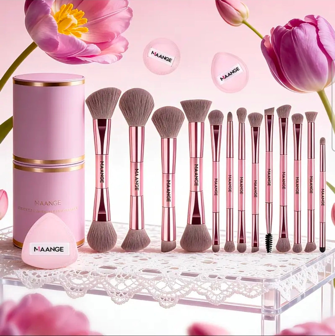 MAANGE - Ensemble de pinceaux de maquillage Rose Gold 13 pièces + Support + 3 Puff