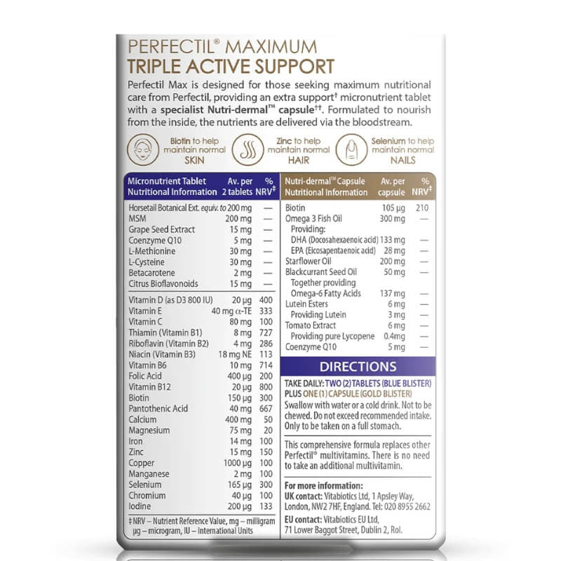 PERFECTIL - MAX  Maximum Support Vitabiotics Perfectil Max pour la Peau, les Cheveux et les Ongles - 56 comprimés / 28 capsules